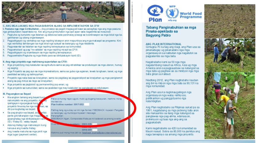 Plan International and World Food Program's Cash-for-Work brochure during their TY Bopha Emergency Response. Brochure designed by Leslie Lao-Francisco (Plan).